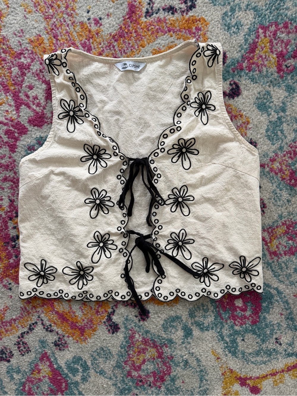 Cupshe Cream Tank Top with Black Floral Embroidery & Tie Fronts